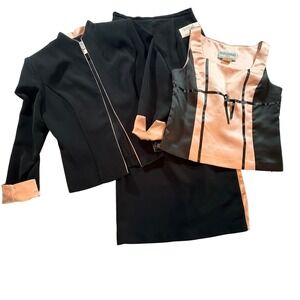 Jessica Howard Petite 3 Piece Skirt Suit Set Black Peach Zip Jacket Top Maxi 4P